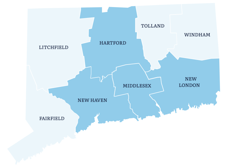 Map of the state of Connecticut. The map is divided into the state's eight counties: Litchfield, Hartford, Tolland, Windham, Fairfield, New Haven, Middlesex, and New London County.